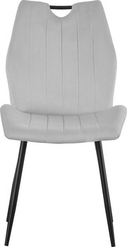 Beiger Polsterstuhl mit vertikaler Steppung, hoher Rückenlehne und schwarzen Metallbeinen, Frontansicht.