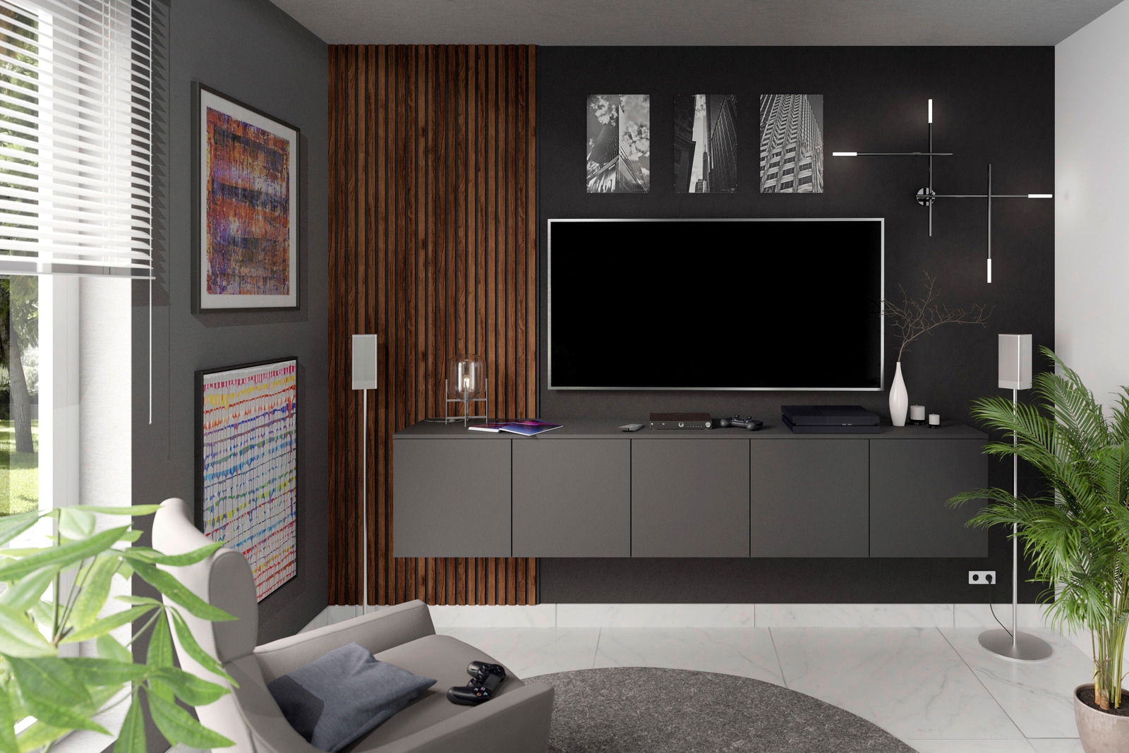 Modernes Wohnzimmer mit Dekopaneel 4er-Set, Wand in Holzoptik, grauem Sideboard und stilvoller Dekoration, seitliche Perspektive.