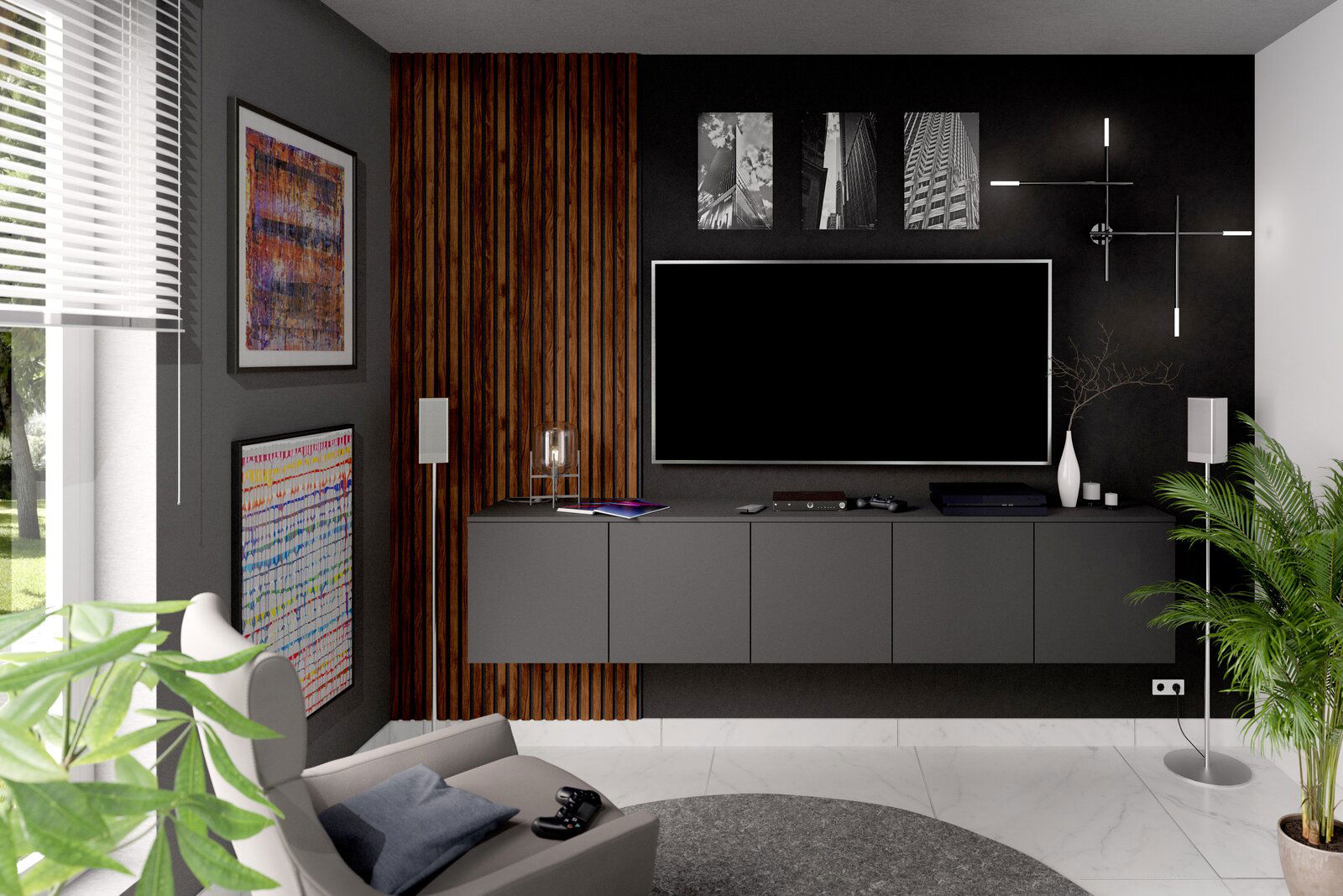 Modernes Wohnzimmer mit Dekopaneel 4er-Set, Wand in Holzoptik, grauem Sideboard und stilvoller Dekoration, seitliche Perspektive.