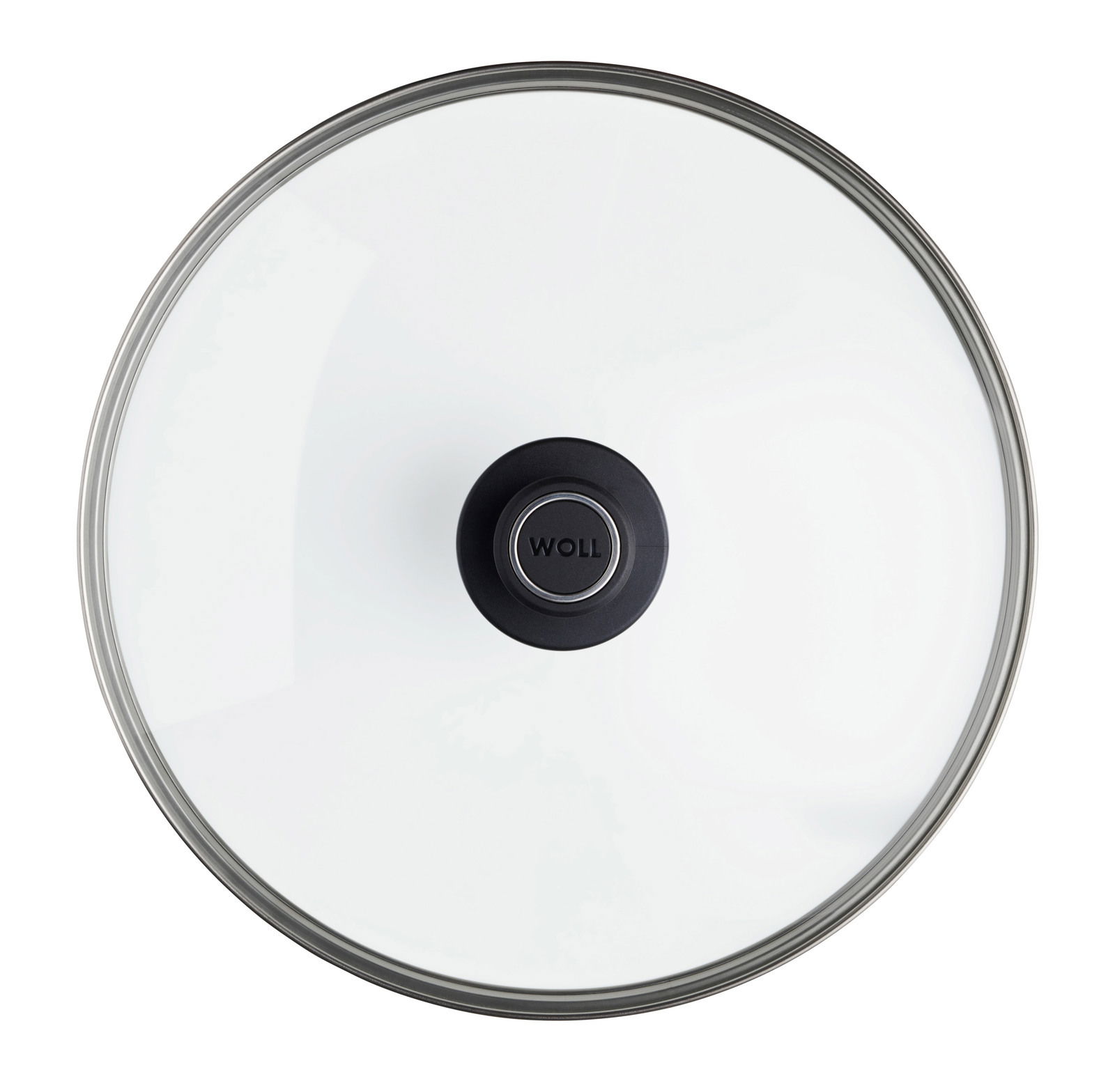 Sicht von oben auf einen Sicherheitsglasdeckel mit einem schwarzen Griff in der Mitte, Durchmesser 32 cm.