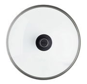 Sicht von oben auf einen Sicherheitsglasdeckel mit einem schwarzen Griff in der Mitte, Durchmesser 32 cm.