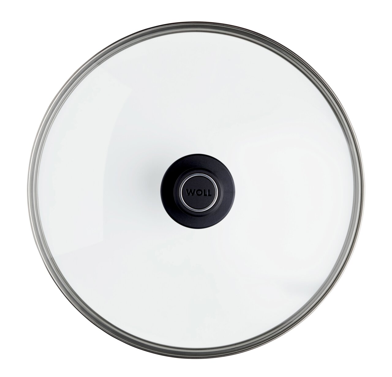 Woll Sicherheitsglasdeckel Ø 32 cm Sicht von oben auf einen Sicherheitsglasdeckel mit einem schwarzen Griff in der Mitte, Durchmesser 32 cm.