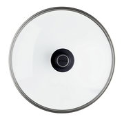 Sicht von oben auf einen Sicherheitsglasdeckel mit einem schwarzen Griff in der Mitte, Durchmesser 32 cm.