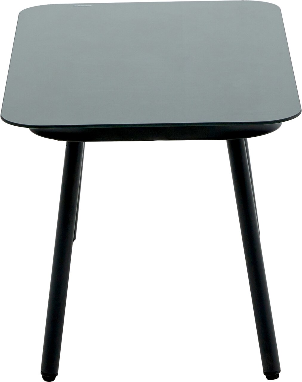 Moderner Gartentisch mit rechteckiger Tischplatte und vier Beinen, frontal fotografiert.