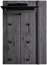Frontale Ansicht einer modernen Wandgarderobe aus dunklem Holz mit mehreren Haken und einer Ablagefläche oben.