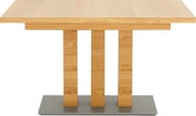 Esstisch aus Holz mit drei vertikalen Streben und einer stabilen Metallbasis, Seitenansicht