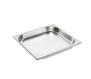 Metallbehälter aus Edelstahl, perspektivisch von oben rechts fotografiert