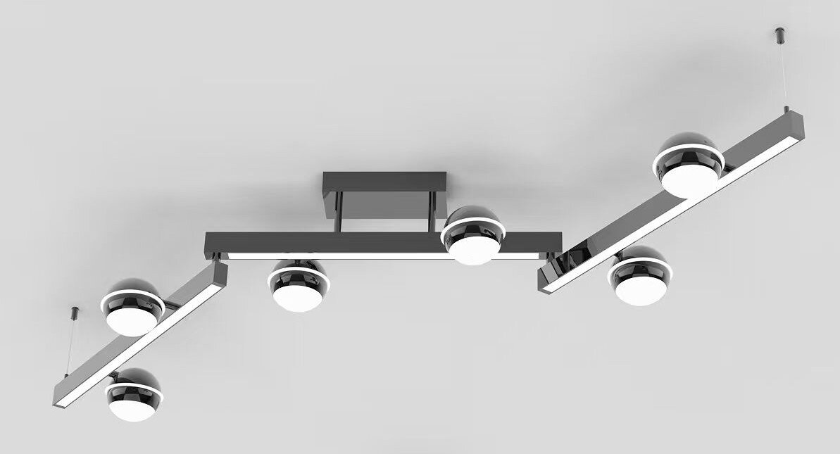 Moderne geometrische plafondlamp met langwerpige LED-lichtbalken en zes ronde spots in chroomkleur, vanuit onderaanzicht