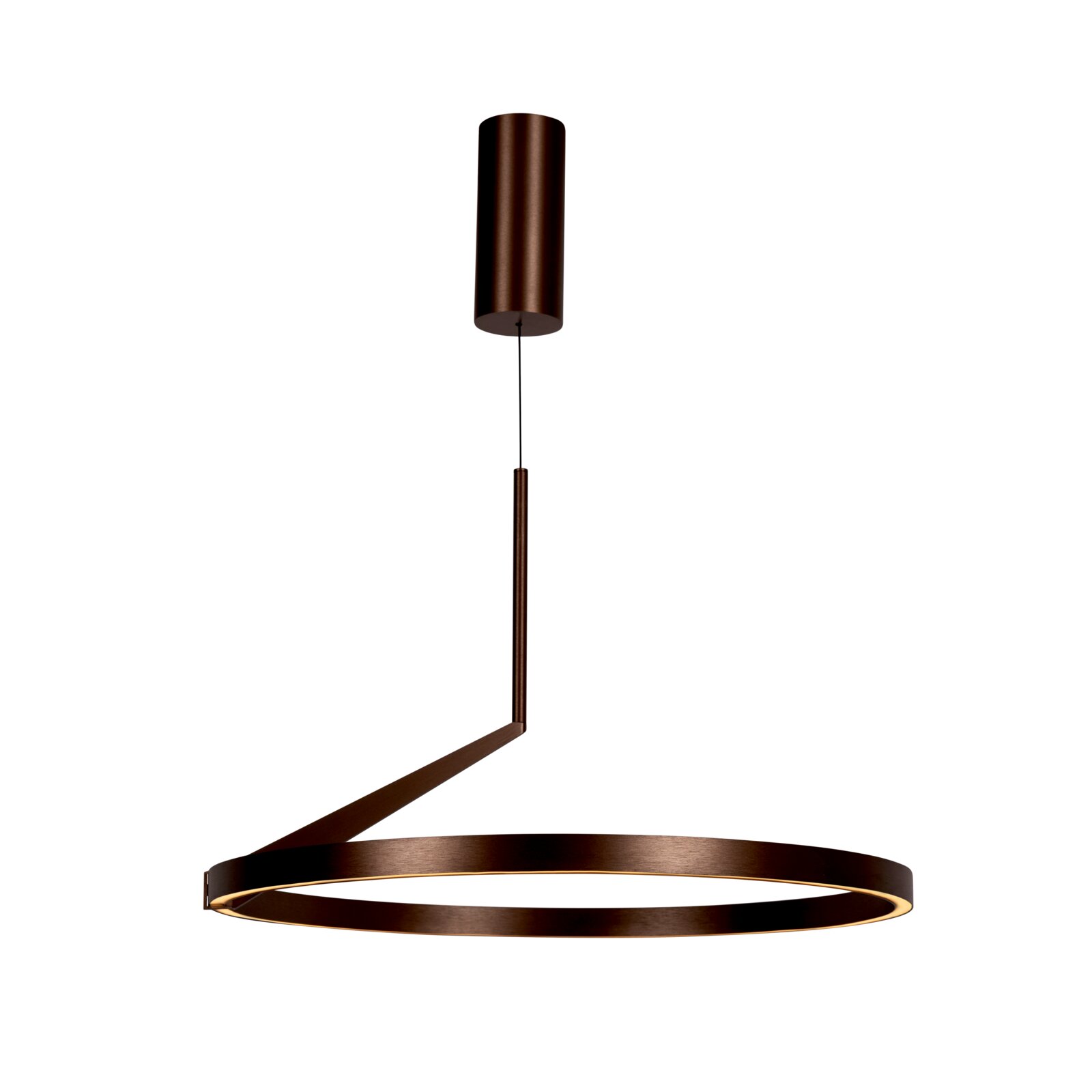 Lucide LED-Hängleuchte APPLAUSE Moderne LED-Pendelleuchte mit ringförmigem Lampenschirm in Bronzeoptik und warmweißem Licht, seitliche Schrägansicht von unten vor weißem Hintergrund