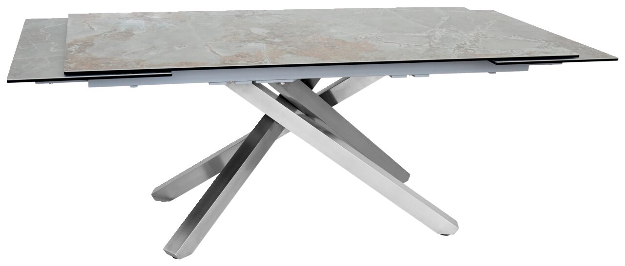 Moderner Esstisch mit Marmoroptik-Tischplatte und gekreuztem Metallgestell, seitliche Perspektive