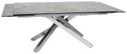 Moderner Esstisch mit Marmoroptik-Tischplatte und gekreuztem Metallgestell, seitliche Perspektive