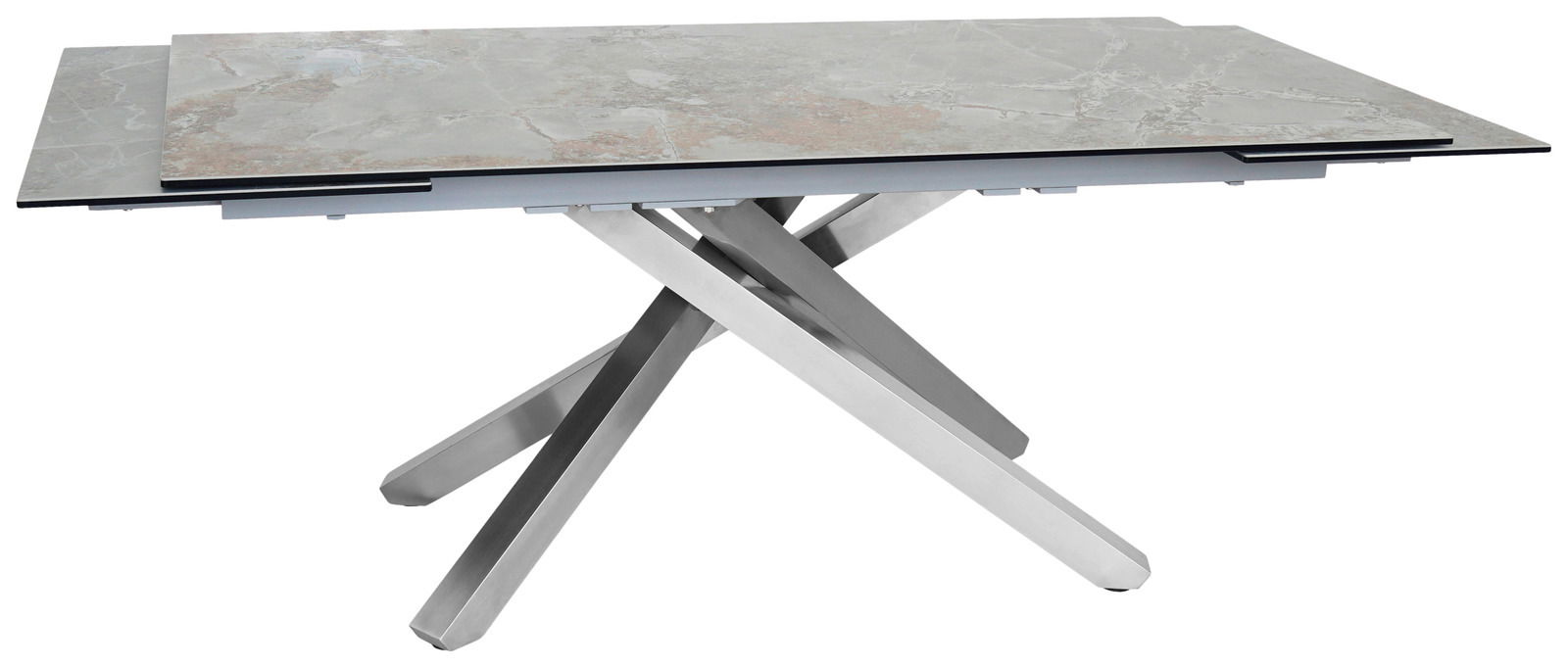 Moderner Esstisch mit Marmoroptik-Tischplatte und gekreuztem Metallgestell, seitliche Perspektive