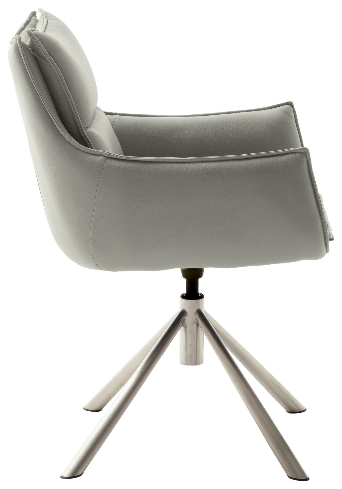 Moderner Sessel in Seitenansicht mit grauem Polster und metallischem Drehgestell.
