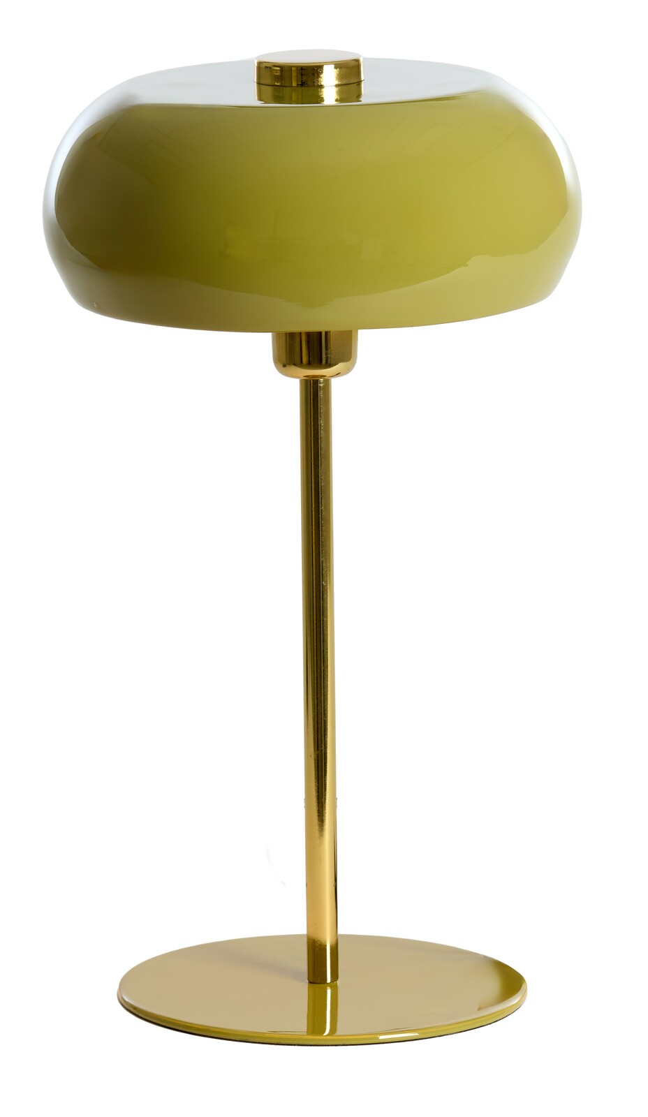 Goldene Tischleuchte mit rundem Schirm und schlankem Standfuß, Seitenansicht