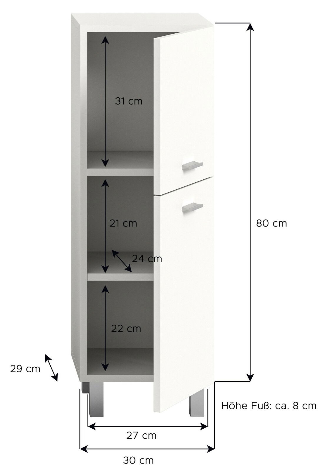 Weißer Badschrank mit zwei Türen, drei Fächern und silbernen Griffen, perspektivisch von vorne rechts gezeigt.