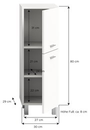 Weißer Badschrank mit zwei Türen, drei Fächern und silbernen Griffen, perspektivisch von vorne rechts gezeigt.
