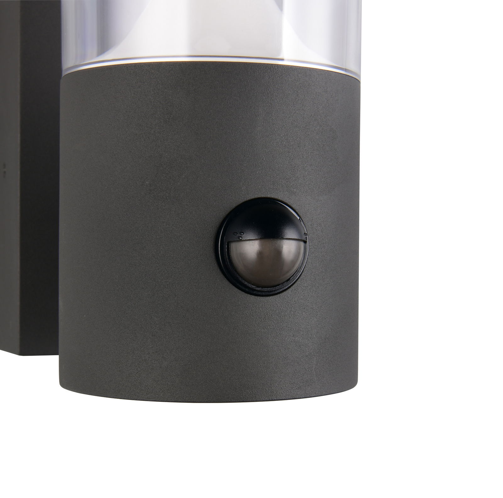 Nahaufnahme einer LED-Außenwandleuchte mit Bewegungssensor, seitliche Perspektive