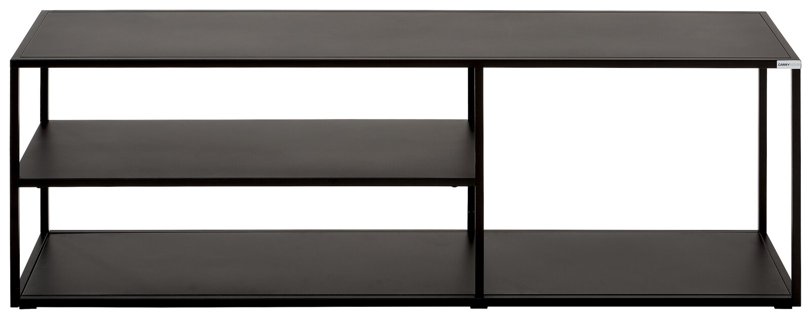 Schwarzes TV-Regalelement aus Metall mit zwei offenen Regalböden, frontale Ansicht.