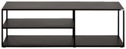 Schwarzes TV-Regalelement aus Metall mit zwei offenen Regalböden, frontale Ansicht.