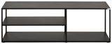 Schwarzes TV-Regalelement aus Metall mit zwei offenen Regalböden, frontale Ansicht.