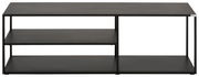 Schwarzes TV-Regalelement aus Metall mit zwei offenen Regalböden, frontale Ansicht.
