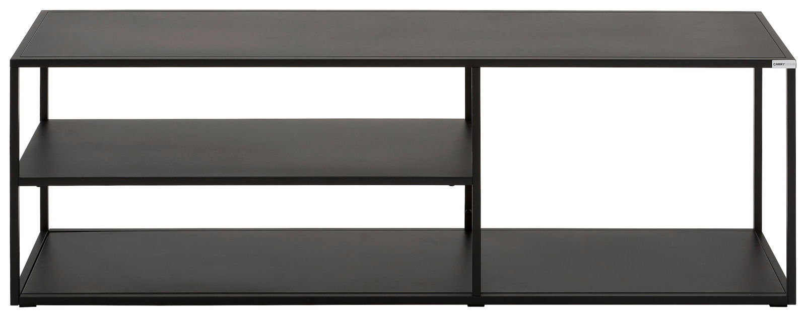 Schwarzes TV-Regalelement aus Metall mit zwei offenen Regalböden, frontale Ansicht.