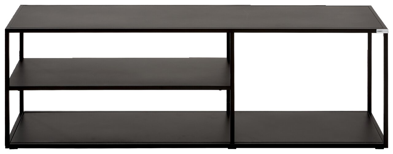 Schwarzes TV-Regalelement aus Metall mit zwei offenen Regalböden, frontale Ansicht.