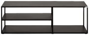 Schwarzes TV-Regalelement aus Metall mit zwei offenen Regalböden, frontale Ansicht.