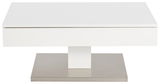 Moderner weißer Couchtisch mit quadratischer Tischplatte und Metallfuß, Frontalansicht
