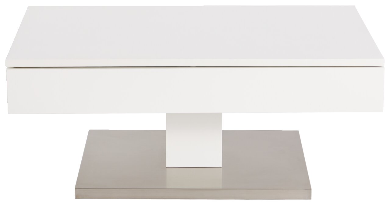 Moderner weißer Couchtisch mit quadratischer Tischplatte und Metallfuß, Frontalansicht