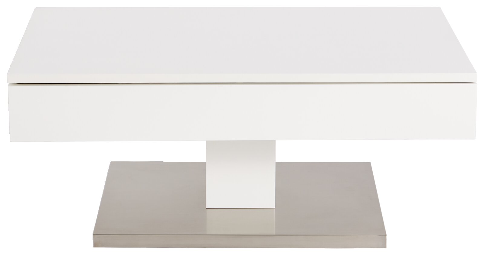 Moderner weißer Couchtisch mit quadratischer Tischplatte und Metallfuß, Frontalansicht