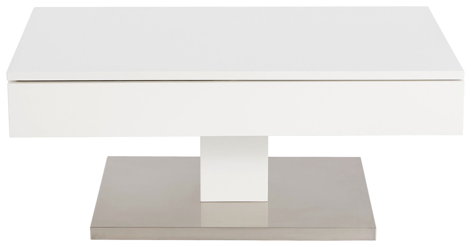 Moderner weißer Couchtisch mit quadratischer Tischplatte und Metallfuß, Frontalansicht