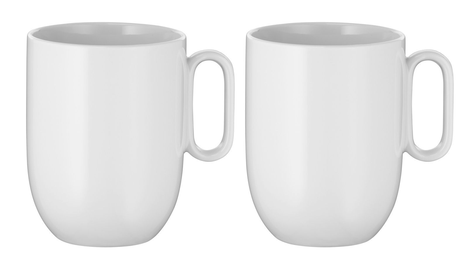Zwei weiße Kaffeetassen aus dem WMF Barista Kaffeetassen-Set, frontal nebeneinander stehend.
