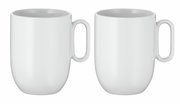 Zwei weiße Kaffeetassen aus dem WMF Barista Kaffeetassen-Set, frontal nebeneinander stehend.
