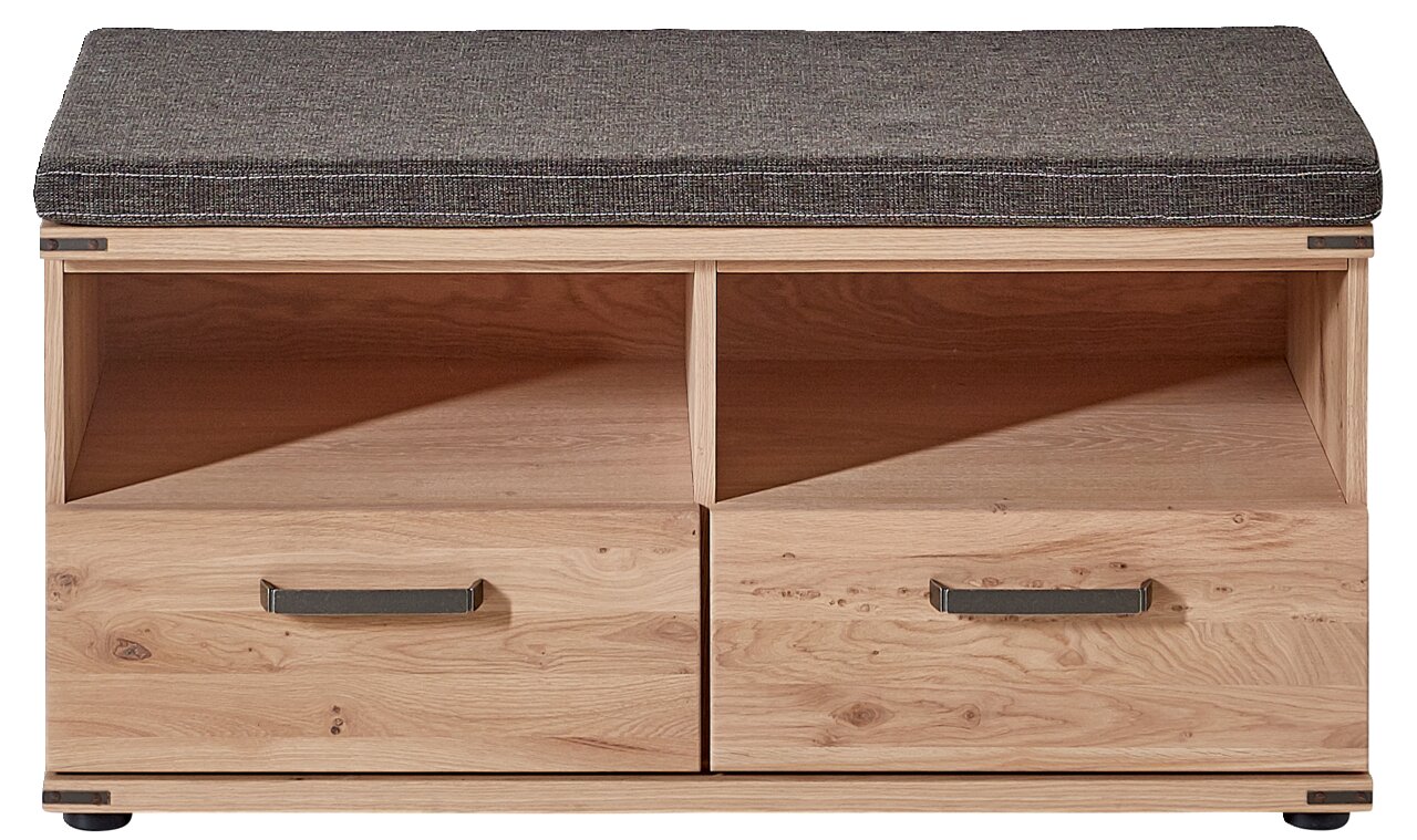Garderobenbank aus Holz mit zwei Schubladen und gepolstertem Sitzkissen, frontale Ansicht.