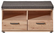 Garderobenbank aus Holz mit zwei Schubladen und gepolstertem Sitzkissen, frontale Ansicht.