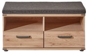 Garderobenbank aus Holz mit zwei Schubladen und gepolstertem Sitzkissen, frontale Ansicht.