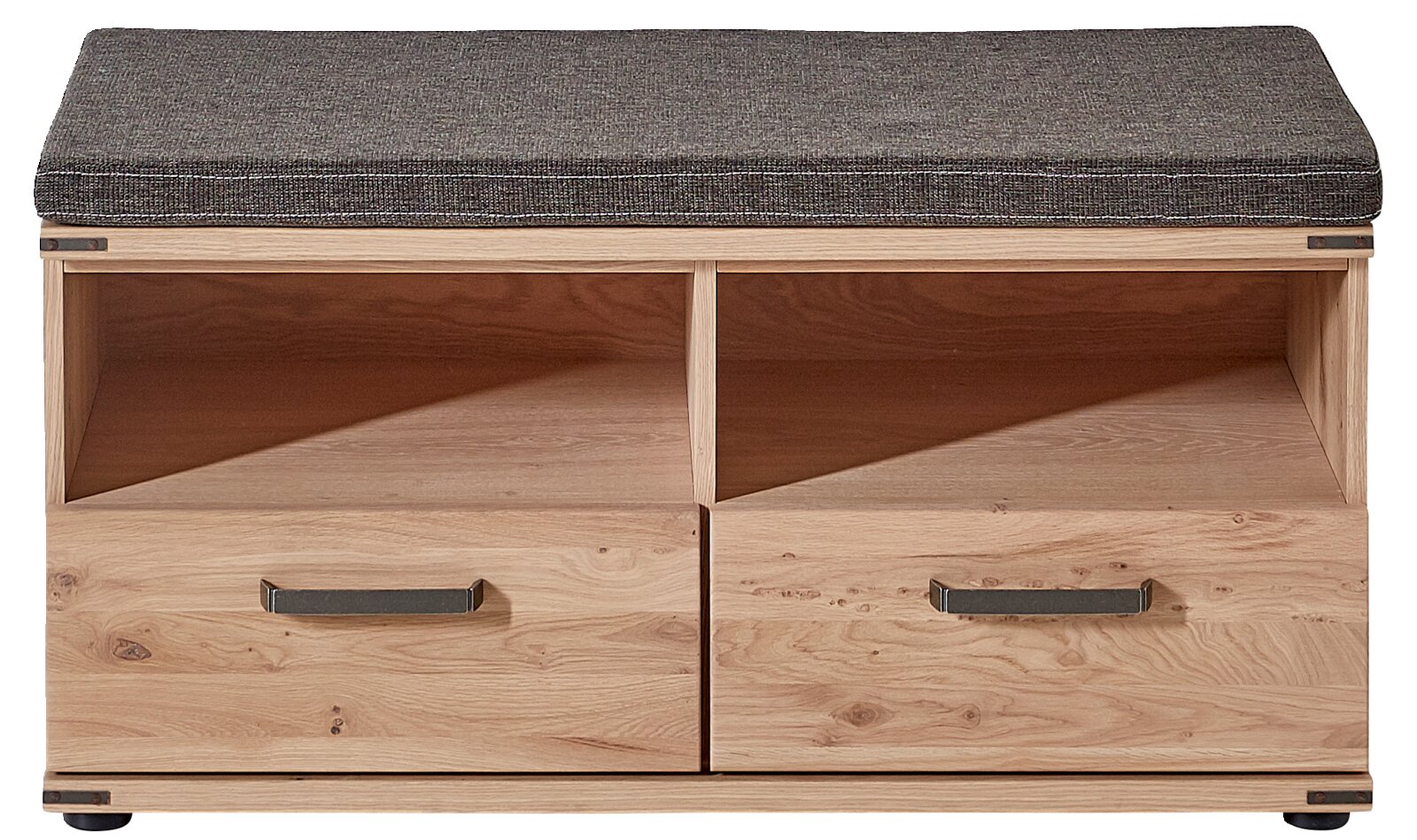 Garderobenbank aus Holz mit zwei Schubladen und gepolstertem Sitzkissen, frontale Ansicht.
