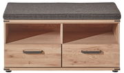 Garderobenbank aus Holz mit zwei Schubladen und gepolstertem Sitzkissen, frontale Ansicht.