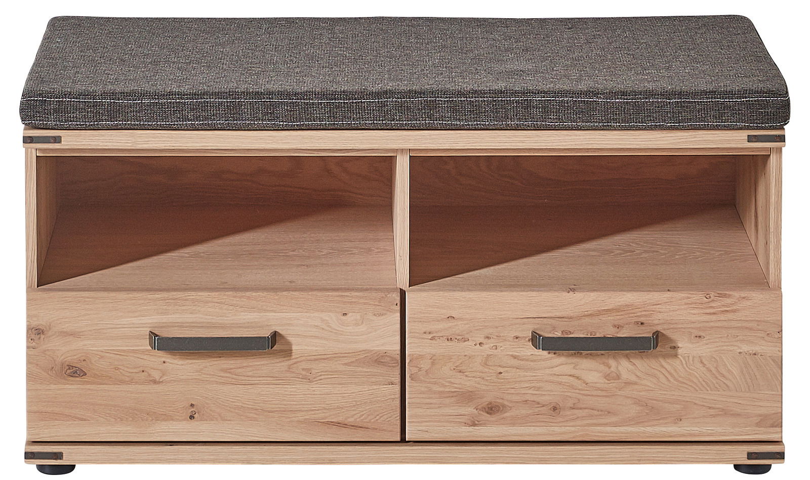 Garderobenbank aus Holz mit zwei Schubladen und gepolstertem Sitzkissen, frontale Ansicht.