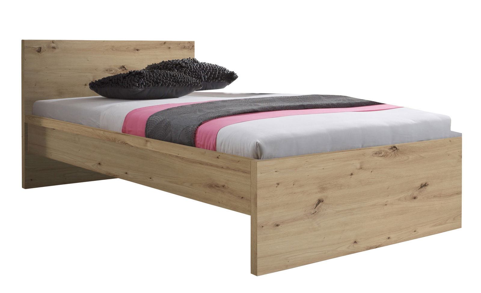 Z2 Bett MALMÖ Holzbett mit Kopfteil, grauem Kissen und grauer sowie pinker Bettdecke, seitliche Perspektive
