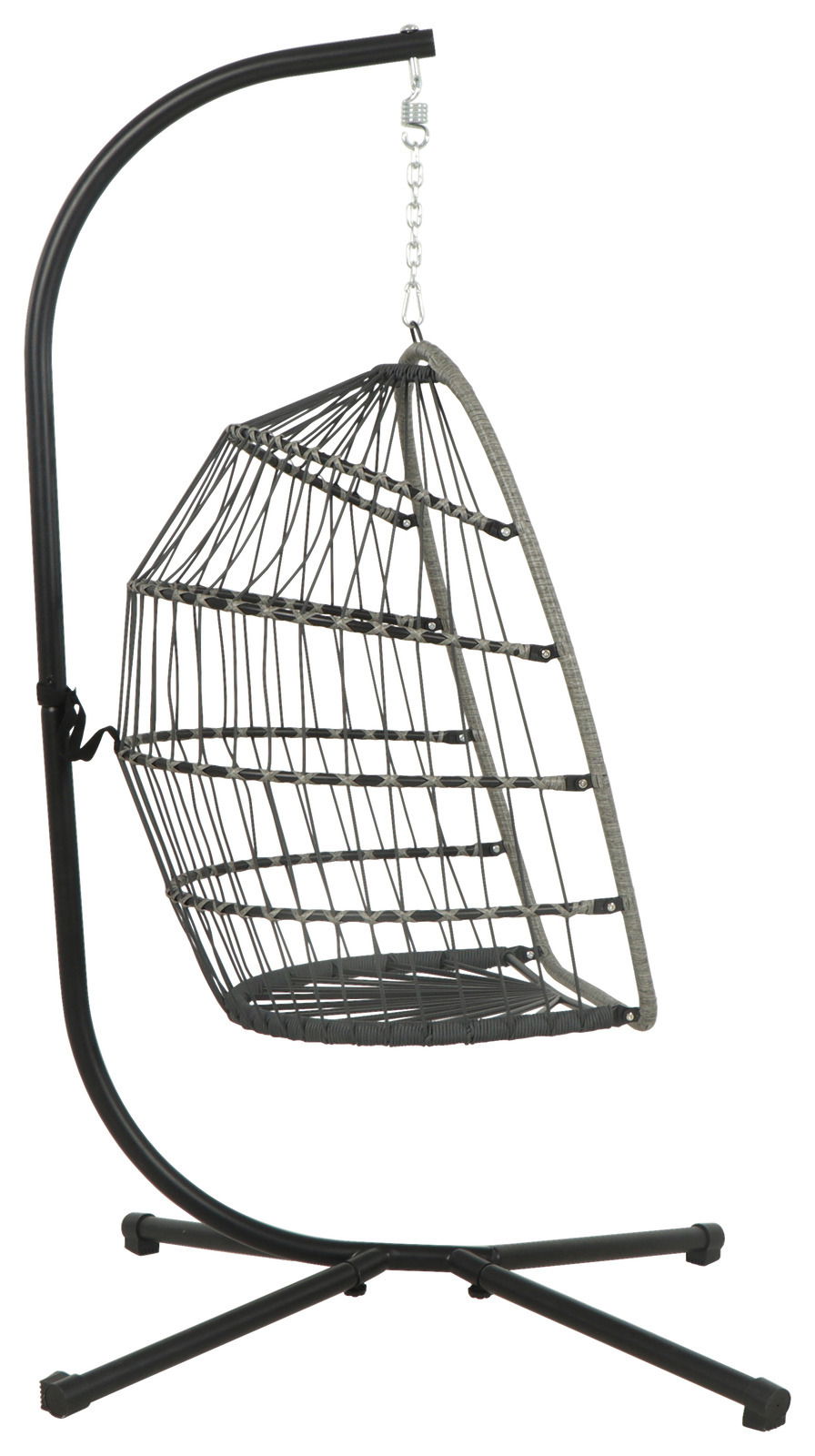 Moderner Hängesessel aus Metall mit stabilem Gestell, seitliche Perspektive