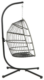 Moderner Hängesessel aus Metall mit stabilem Gestell, seitliche Perspektive