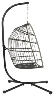 Moderner Hängesessel aus Metall mit stabilem Gestell, seitliche Perspektive