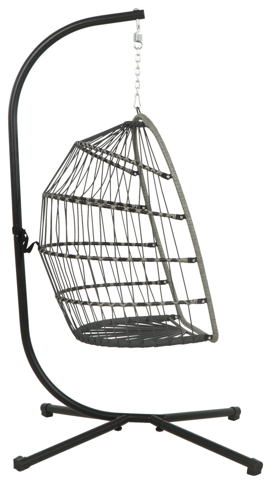 Moderner Hängesessel aus Metall mit stabilem Gestell, seitliche Perspektive