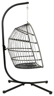 Moderne hangstoel van metaal met stevig frame, zijaanzicht
