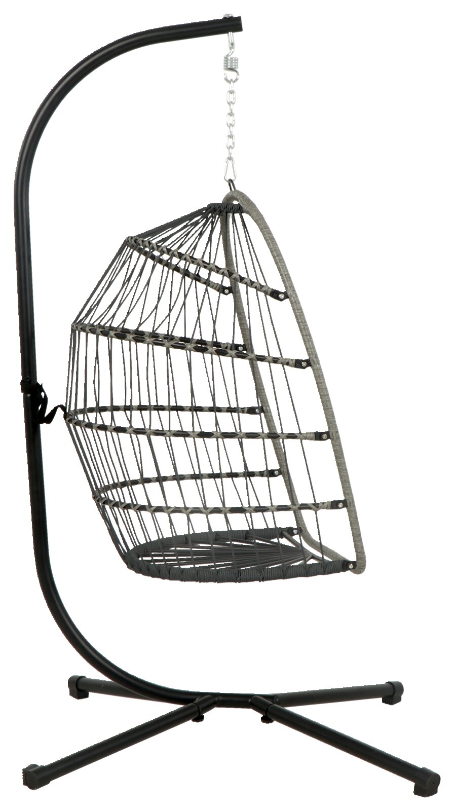 Moderne hangstoel van metaal met stevig frame, zijaanzicht