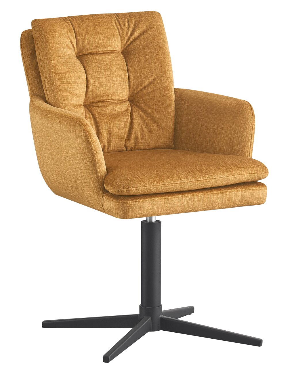 Novel Fauteuil INGO Gelber Armlehnstuhl mit gepolsterter Sitzfläche und Rückenlehne, auf schwarzem Drehfuß, seitliche Perspektive
