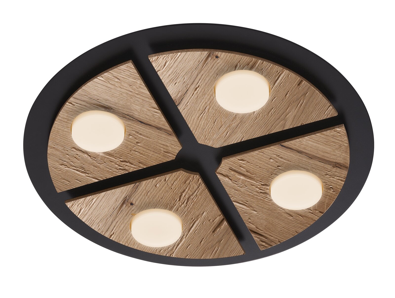 Runde Deckenleuchte mit schwarzem Metallrahmen, vier Segmenten in natürlicher Holzoptik und vier leuchtenden LED-Spots, aus schräger Untersicht dargestellt