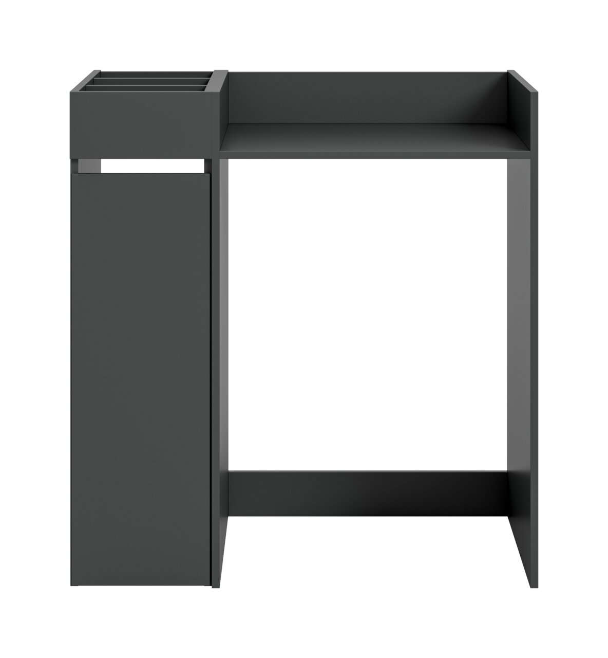 Schwarzer, minimalistischer Beistelltisch/Servierwagen mit Ablagefläche und seitlichem Fach, Ansicht von vorne leicht seitlich (Front-/Seitenperspektive) auf weißem Hintergrund